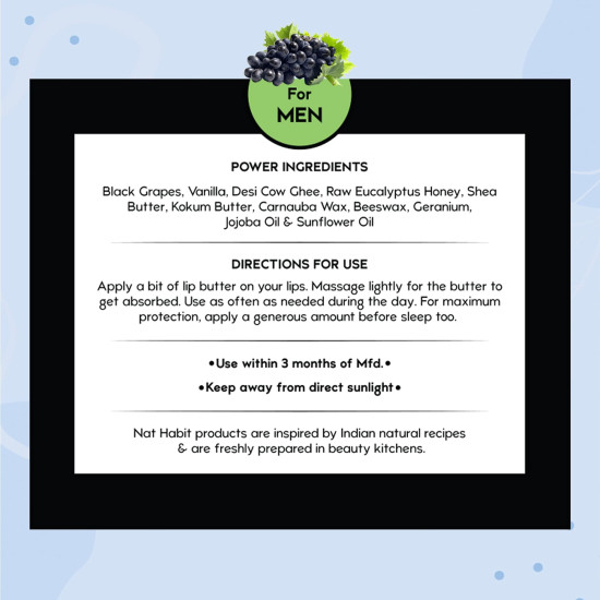 Nat Habit Men's Black GrapeLip Balm Fresh Infused Lip Butter With Grapeseed & Raw Honey For Lip Pigmentation, Lightening, Lip Repair, Dark And Chapped Lips,8gm Nat Habit Men's Black GrapeLip Balm Fresh Infused Lip Butter With Grapeseed & Raw Honey For Lip Pigmentation, Lightening, Lip Repair, Dark And Chapped Lips,8gm