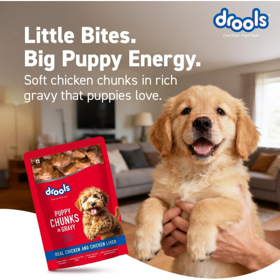 Drools Puppy Wet Dog Food 0.9kg (150g x 6 Packs) | Real Chicken & Chicken Liver Chunks in Gravy | Better Digestibility & Overall Health | Supports Healthy Skin & Coat | Maintains Joint Health