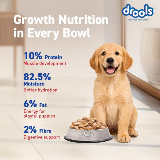 Drools Puppy Wet Dog Food 0.9kg (150g x 6 Packs) | Real Chicken & Chicken Liver Chunks in Gravy | Better Digestibility & Overall Health | Supports Healthy Skin & Coat | Maintains Joint Health