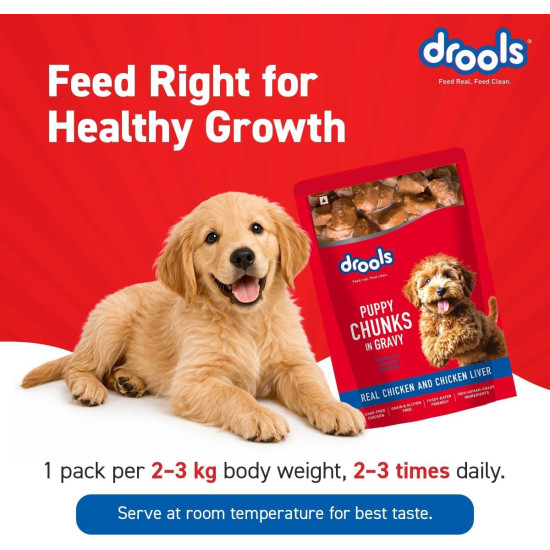 Drools Puppy Wet Dog Food 0.9kg (150g x 6 Packs) | Real Chicken & Chicken Liver Chunks in Gravy | Better Digestibility & Overall Health | Supports Healthy Skin & Coat | Maintains Joint Health