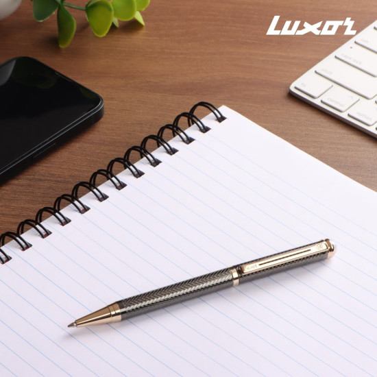 Luxor Royale, Elan, Ball Pen, Pack of 1, Gunmetal Textured Body, Ink Colour- Blue, Gold Trim, Stylish Clip, Sleek & Elegant, The Ultimate Choice for Writers & Professional Gifting