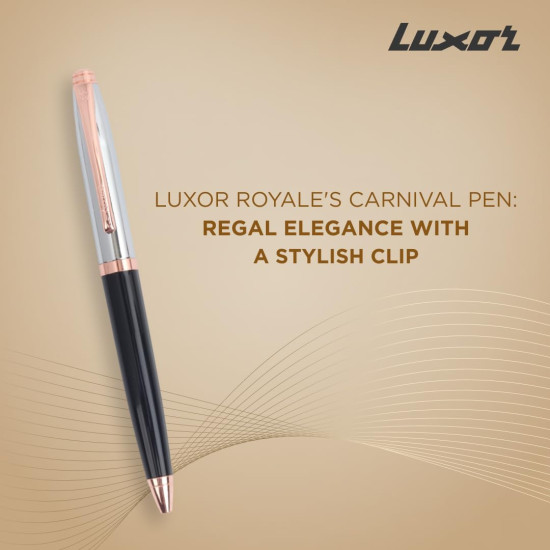 Luxor Royale, Carnival, Ball Pen, Pack of 1, Lacque Black Body, Ink Colour- Blue, Shiny Chrome Cap, Rose Gold Trim, Stylish Clip, Regal & Elegant, Best Pen For Gifting Luxor Royale, Carnival, Ball Pen, Pack of 1, Lacque Black Body, Ink Colour- Blue, Shiny Chrome Cap, Rose Gold Trim, Stylish Clip, Regal & Elegant, Best Pen For Gifting