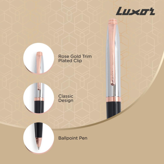 Luxor Royale, Carnival, Ball Pen, Pack of 1, Lacque Black Body, Ink Colour- Blue, Shiny Chrome Cap, Rose Gold Trim, Stylish Clip, Regal & Elegant, Best Pen For Gifting Luxor Royale, Carnival, Ball Pen, Pack of 1, Lacque Black Body, Ink Colour- Blue, Shiny Chrome Cap, Rose Gold Trim, Stylish Clip, Regal & Elegant, Best Pen For Gifting
