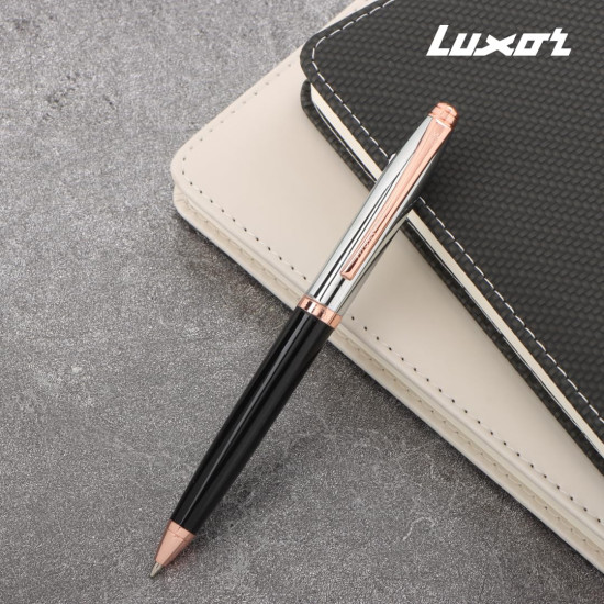 Luxor Royale, Carnival, Ball Pen, Pack of 1, Lacque Black Body, Ink Colour- Blue, Shiny Chrome Cap, Rose Gold Trim, Stylish Clip, Regal & Elegant, Best Pen For Gifting Luxor Royale, Carnival, Ball Pen, Pack of 1, Lacque Black Body, Ink Colour- Blue, Shiny Chrome Cap, Rose Gold Trim, Stylish Clip, Regal & Elegant, Best Pen For Gifting