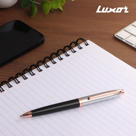 Luxor Royale, Carnival, Ball Pen, Pack of 1, Lacque Black Body, Ink Colour- Blue, Shiny Chrome Cap, Rose Gold Trim, Stylish Clip, Regal & Elegant, Best Pen For Gifting Luxor Royale, Carnival, Ball Pen, Pack of 1, Lacque Black Body, Ink Colour- Blue, Shiny Chrome Cap, Rose Gold Trim, Stylish Clip, Regal & Elegant, Best Pen For Gifting