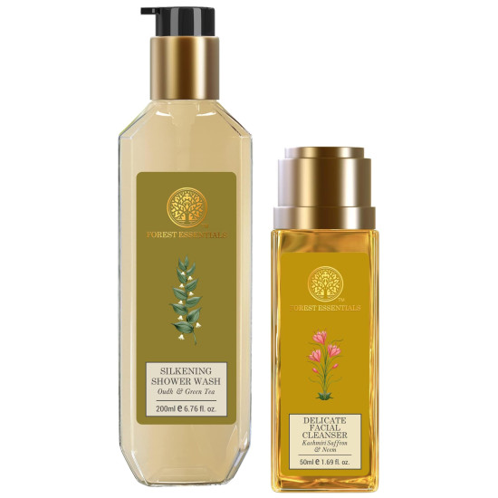 Forest Essentials Silkening Shower Wash Oudh & Green Tea & Forest Essentials Delicate Facial Cleanser Kashmiri Saffron & Neem Combo