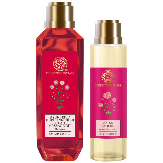 Forest Essentials After Bath Oil Indian Rose Absolute & Forest Essentials Ayurvedic Herb Enriched Head Massage Oil Bhringraj Combo