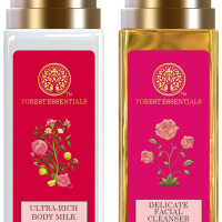Forest Essentials Travel Size Ultra-Rich Body Milk Iced Pomegranate & Kerala Lime & Forest Essentials Delicate Facial Cleanser Mashobra Honey Combo