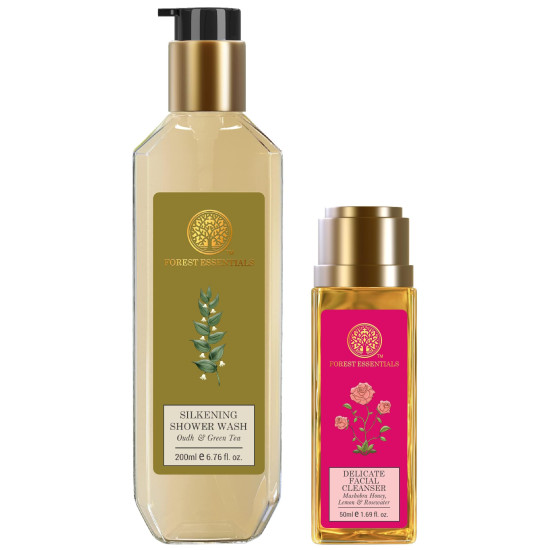 Forest Essentials Silkening Shower Wash Oudh & Green Tea & Forest Essentials Delicate Facial Cleanser Mashobra Honey Combo