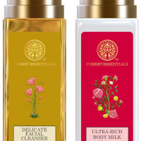 Forest Essentials Travel Size Ultra-Rich Body Milk Iced Pomegranate & Kerala Lime & Forest Essentials Delicate Facial Cleanser Kashmiri Saffron & Neem Combo