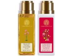 Forest Essentials Travel Size Ultra-Rich Body Milk Iced Pomegranate & Kerala Lime & Forest Essentials Delicate Facial Cleanser Kashmiri Saffron & Neem Combo