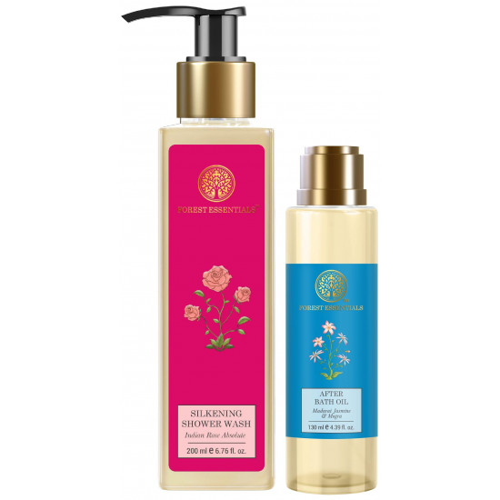 Forest Essentials After Bath Oil Madurai Jasmine & Mogra & Forest Essentials Silkening Shower Wash Indian Rose Absolute Combo