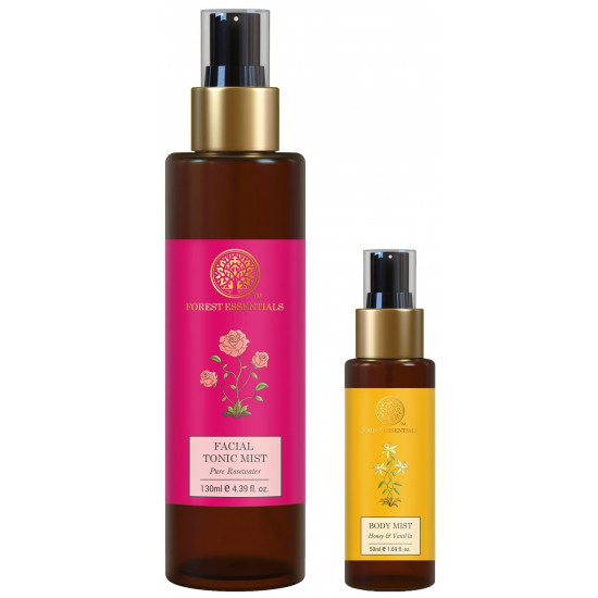 Forest Essentials Travel Size Body Mist Honey & Vanilla & Forest Essentials Facial Tonic Mist Pure Rosewater Combo