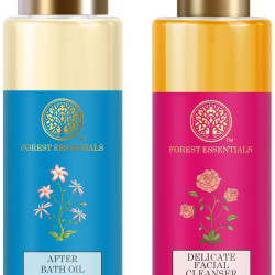 Forest Essentials After Bath Oil Madurai Jasmine & Mogra & Forest Essentials Delicate Facial Cleanser Mashobra Honey Combo