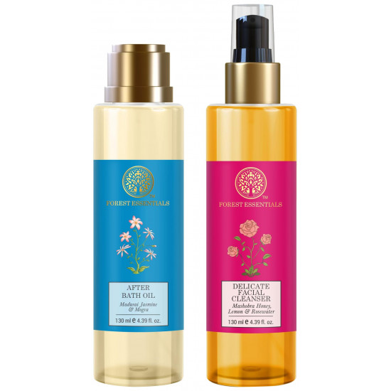 Forest Essentials After Bath Oil Madurai Jasmine & Mogra & Forest Essentials Delicate Facial Cleanser Mashobra Honey Combo
