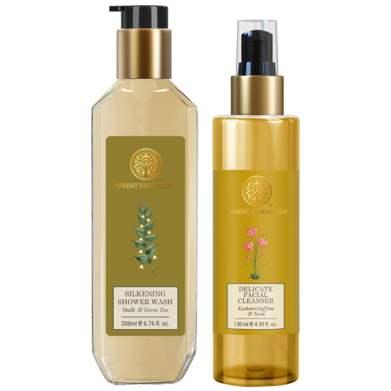 Forest Essentials Silkening Shower Wash Oudh & Green Tea & Forest Essentials Delicate Facial Cleanser Kashmiri Saffron & Neem Combo