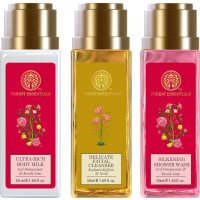 Forest Essentials Travel Size Ultra-Rich Body Milk Iced Pomegranate & Forest Essentials Delicate Facial Cleanser Kashmiri Saffron & Forest Essentials Travel Size Silkening Shower Wash Iced Pomegranate & Kerala Lime