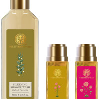 Forest Essentials Silkening Shower Wash Oudh & Forest Essentials Delicate Facial Cleanser Kashmiri Saffron & Forest Essentials Delicate Facial Cleanser Mashobra Honey, Lemon & Rosewater