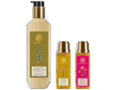 Forest Essentials Silkening Shower Wash Oudh & Forest Essentials Delicate Facial Cleanser Kashmiri Saffron & Forest Essentials Delicate Facial Cleanser Mashobra Honey, Lemon & Rosewater