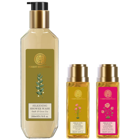 Forest Essentials Silkening Shower Wash Oudh & Forest Essentials Delicate Facial Cleanser Kashmiri Saffron & Forest Essentials Delicate Facial Cleanser Mashobra Honey, Lemon & Rosewater