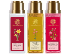 Forest Essentials Travel Size Ultra-Rich Body Milk Nargis & Forest Essentials Delicate Facial Cleanser Kashmiri Saffron & Forest Essentials Travel Size Silkening Shower Wash Iced Pomegranate & Kerala Lime