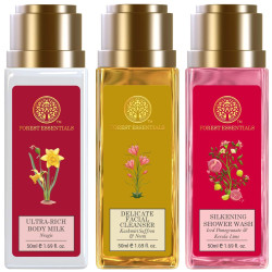 Forest Essentials Travel Size Ultra-Rich Body Milk Nargis & Forest Essentials Delicate Facial Cleanser Kashmiri Saffron & Forest Essentials Travel Size Silkening Shower Wash Iced Pomegranate & Kerala Lime