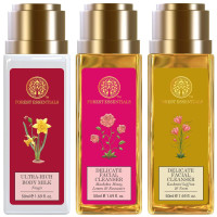 Forest Essentials Travel Size Ultra-Rich Body Milk Nargis & Forest Essentials Delicate Facial Cleanser Kashmiri Saffron & Forest Essentials Delicate Facial Cleanser Mashobra Honey, Lemon & Rosewater