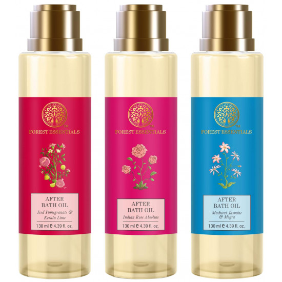 Forest Essentials After Bath Oil Indian Rose Absolute & Forest Essentials After Bath Oil Madurai Jasmine & Forest Essentials After Bath Oil Iced Pomegranate & Kerala Lime