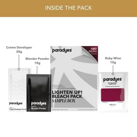 Paradyes Lighten Up! Bleach Pack + Top 5 Hair Color Sample Box (Carola Pink, Comrii Purple, Chocolate Brown, Ruby Wine & Rudolphi Blue)