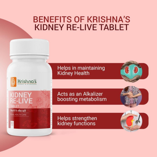 Krishna's Kidney Re-Live Tablet - 80 tab | Enriched with extracts of Punarnava, Arjun Chal, Pushkar Mool, Gokhru & 20 Herbs | Improving Kidney Function | Ayurvedic Health Supplement