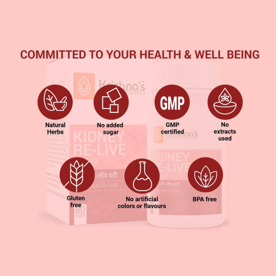 Krishna's Kidney Re-Live Tablet - 80 tab | Enriched with extracts of Punarnava, Arjun Chal, Pushkar Mool, Gokhru & 20 Herbs | Improving Kidney Function | Ayurvedic Health Supplement