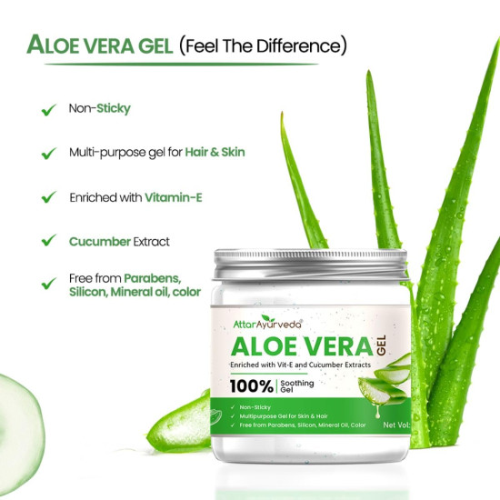 Attar Ayurveda Natural Aloe vera gel for Face, Skin & Hair (200 ml) | With Vit-E and Cucumber extracts | Non-Sticky, Free from Parabens, Silicon, Mineral oil