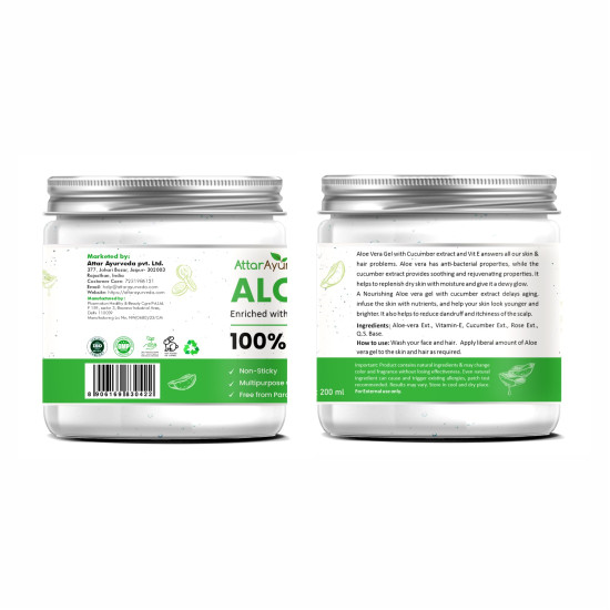 Attar Ayurveda Natural Aloe vera gel for Face, Skin & Hair (200 ml) | With Vit-E and Cucumber extracts | Non-Sticky, Free from Parabens, Silicon, Mineral oil