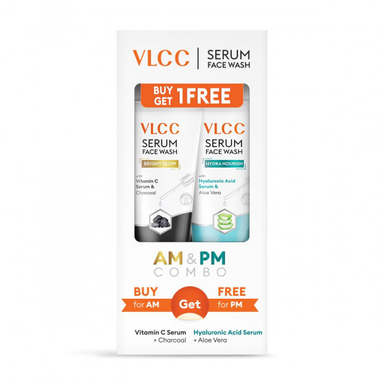 VLCC Vitamin C & Charcoal Serum Facewash - 150 ml for Oil Control & Brightening for AM | with Free Hyaluronic Acid & Aloe Vera Serum Facewash - 150 ml to Strengthen Skin Barrier for PM (B1G1)