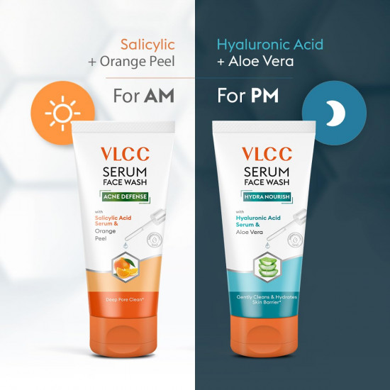 VLCC Salicylic Acid & Orange Peel Serum Facewash - 150 ml for Deep Pore Cleansing for AM | with Free Hyaluronic Acid & Aloe Vera Serum Facewash - 150 ml to Strengthen Skin Barrier for PM (B1G1)