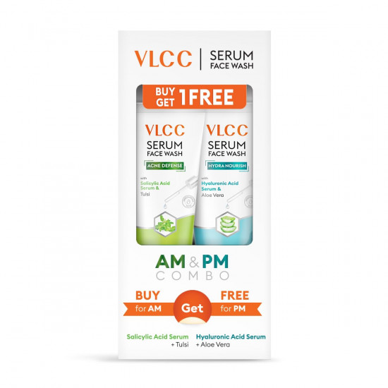 VLCC Salicylic Acid & Tulsi Serum Facewash - 150 ml to Clear Acne Scars for AM | with Free Hyaluronic Acid & Aloe Vera Serum Facewash - 150 ml to Strengthen Skin Barrier for PM (B1G1)