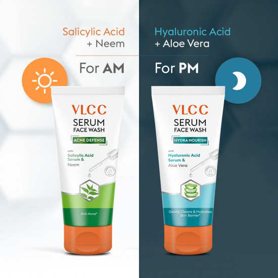 VLCC Salicylic Acid & Neem Serum Facewash - 150 ml to Prevent Acne for AM | with Free Hyaluronic Acid & Aloe Vera Serum Facewash - 150 ml to Strengthen Skin Barrier for PM (B1G1)