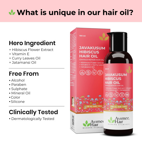 Avimee Herbal Javakusum Hibiscus Hair Oil | For Soft & Silky Texture | Loaded with Vitamin C, Flavonoids, Amino Acids, Mucilage Fiber, and Antioxidants | 100 ml