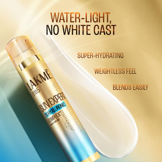 LAKMÉ Sun Expert 1% Hyaluronic water-light Sunscreen gel SPF 50 Pa++++ Best for Oily Skin | Even toned & Glowing Skin | Non-Sticky| Helps reduce pigmentation | UVA/B Protection, No White Cast 56G