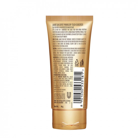 Lakme Sun Expert Primer + Sunscreen, SPF 50 PA+++ for UVA/B, mattifying for makeup lovers