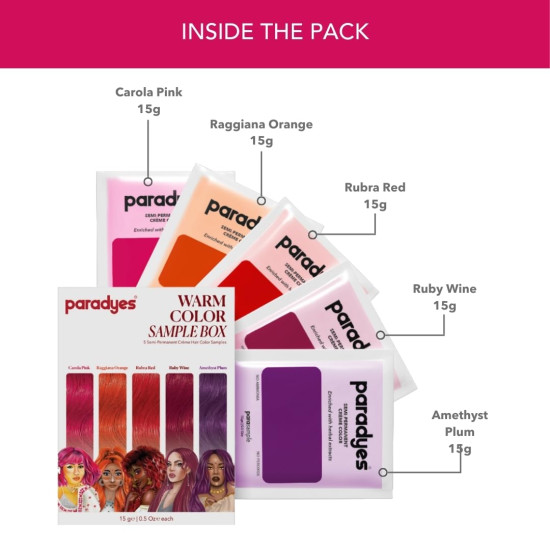 Paradyes Lighten Up! Bleach Pack +Warm Hair Color Sample Box (Chocolate Brown, Coffee Brown, Ginnger Copper, Bekaraar Burgundy and Honey Blonde)