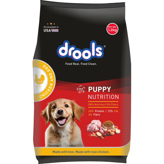 Drools Puppy Dry Dog Food 1.2Kg Pack | Chicken and Egg Flavour | Optimal Growth | Healthy Coat & Skin | Strong Immune System | Enhanced Palatability