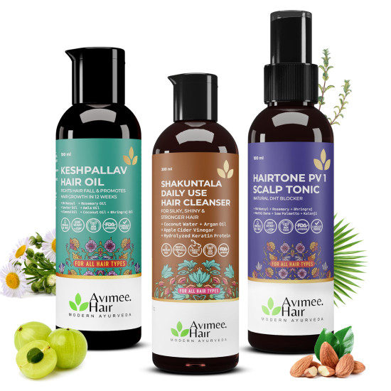 Avimee Herbal Hair Fall Kit | For Hair Growth and Nourishment | Keshpallav Hair Oil, 100ml | Shakuntala Hair Cleanser Shampoo, 200ml | Hairtone PV1 Scalp Spray, 100ml | Hair Care Combo