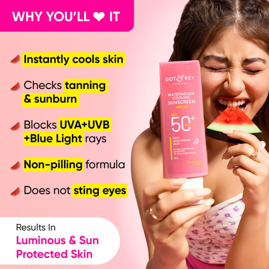 Dot & Key Watermelon Hyaluronic Cooling Sunscreen SPF 50 PA+++ Combo (Pack of 2, 50gm each) | For Oily, Normal & Combination Skin | UV + Blue Light Protection | Lightweight | No White Cast