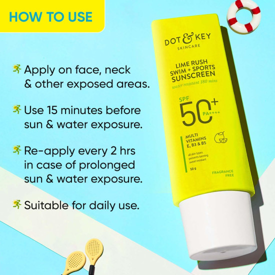 Dot & Key Lime Rush Swim + Sports Sunscreen SPF 50 PA++++ | Water Resistant & Sweat Resistant Sunscreen | UV/UVA Protect | No White Cast | Prevents Tan | For All Skin Types | For Women & Men