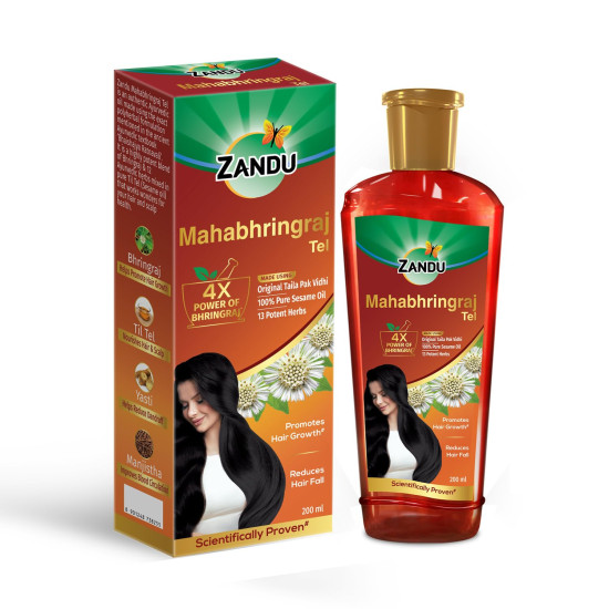 Zandu Mahabhringraj Tel (200ml): Original Hair Oil with 100% Pure Sesame Oil | 4X Power of Bhringraj | Scientifically Proven | 13 Potent Herbs | Hair Fall Control, No Parabens, Harmful Chemicals