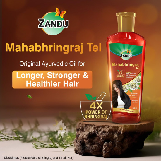 Zandu Mahabhringraj Tel (200ml): Original Hair Oil with 100% Pure Sesame Oil | 4X Power of Bhringraj | Scientifically Proven | 13 Potent Herbs | Hair Fall Control, No Parabens, Harmful Chemicals