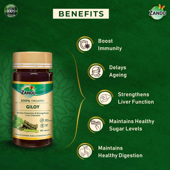 Zandu Giloy Tablets with 100% Pure Giloy Extract | Ayurvedic Immunity Booster | Protects against Infections | Improves Liver Function |100% Ayurvedic & Vegetarian (60 Tabs)