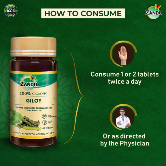 Zandu Giloy Tablets with 100% Pure Giloy Extract | Ayurvedic Immunity Booster | Protects against Infections | Improves Liver Function |100% Ayurvedic & Vegetarian (60 Tabs)