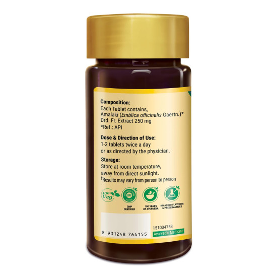 Zandu Amalaki Tablets with 100% Pure Amalaki Extract for Enhanced Immunity & Wellness | Rich in Vitamin C & Antioxidants | Promotes Skincare & Haircare | 100% Safe & Vegetarian | (60 Tabs)